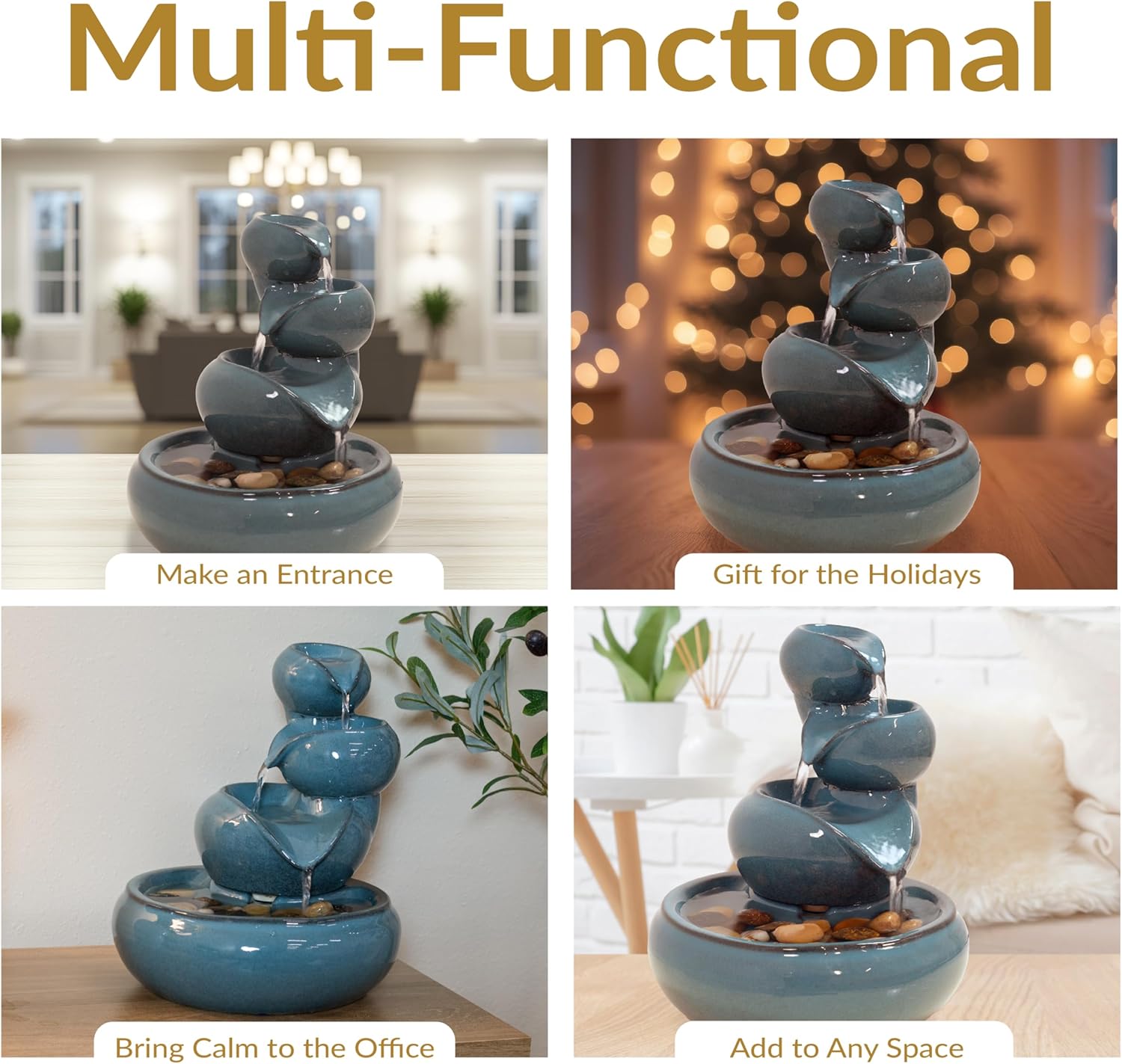 Sunnydaze Tiered Vessels Ceramic Tabletop Water Fountain - Relaxing Indoor Fountain for Office, Bedroom, or Living Room - Teal-VerdiqueGarden