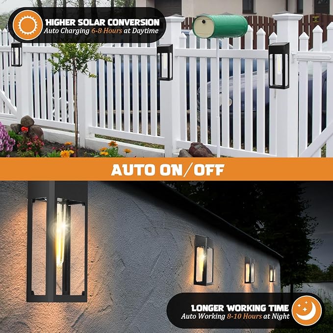 GOODFOEVER Solar Outdoor Lights Waterproof, 4 Pack Fence Lights Solar Powered with LED Bulbs, Metal Wall Lights for Garden Porch Patio Yard and Garage, Aluminum and Glass Shade (Wall Light 4 Pack)-VerdiqueGarden