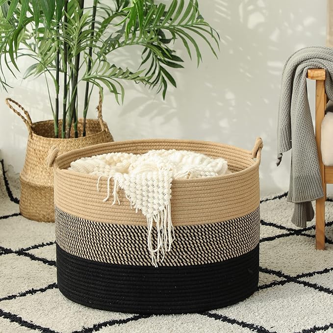 KAKAMAY Large Blanket Basket (20"x13"),Woven Rope Baskets for storage Baby Laundry Hamper, Cotton Rope Blanket Basket for Living Room, Laundry, Nursery, Pillows,Baby Toy chest (Jute/Black)-VerdiqueGarden