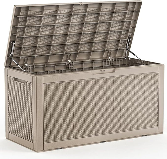 100 Gallon Waterproof Outdoor Storage Box,Resin Deck Box,Lockable Outside Storage Box Container for Patio Furniure,Garden,Pool Tools (100 Gallon,Grey pattern)-VerdiqueGarden
