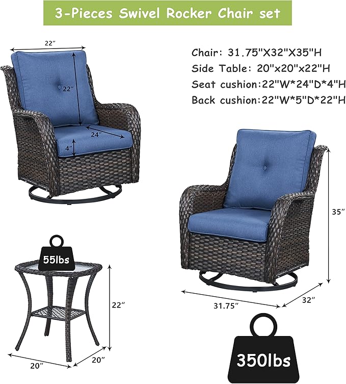 Outdoor Patio Swivel Rocker Chairs - 3 Piece Patio Bistro Set,Wicker Patio Furniture Set with 2 Swivel Rocking Chairs and 1 Glass Top Side Table for Deck Porch Garden,Brown/Blue-VerdiqueGarden