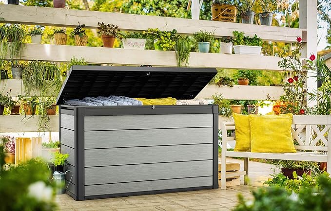Keter Denali 200 Gallon Resin Large Deck Box with Double Wall 20mm Panels - Paintable and Drillable-Organization and Storage for Patio Furniture and Outdoor Items, Grey & Black-VerdiqueGarden