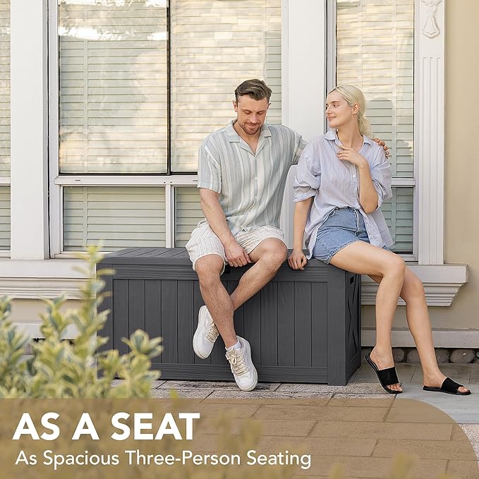 Devoko 120 Gallon Deck Box Resin Outdoor Storage Box Waterproof for Patio, Large Outdoor Storage Bench Lockable for Outside (Grey)-VerdiqueGarden