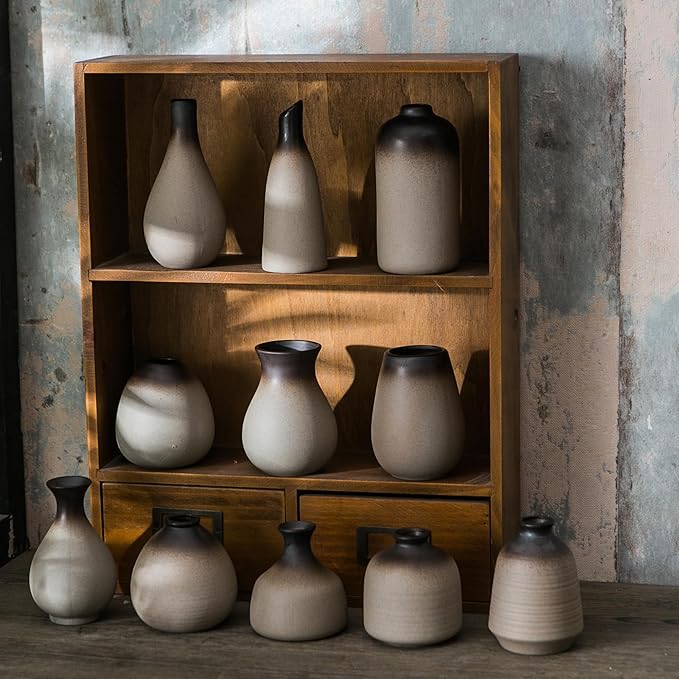 JOJUNO Rustic Bud Vase, Ceramic Small Vase Set of 11, Mini Vases for Fresh and Dried Flowers, Modern Farmhouse Home Decor, Pottery Vases for Living Room, Shelves, Centerpieces for Dining Table-VerdiqueGarden