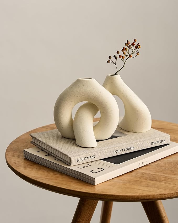 NOBULA White Ceramic Donut Vases – Modern Home Decor for Living Room, Bedroom & Table Centerpiece - Minimalist Nordic – Unique Vases for Olive Plant & Flowers – Decorative Coffee Table Vase Set of 2-VerdiqueGarden