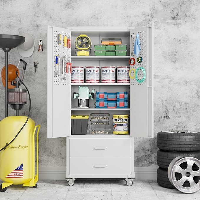 Upgraded Metal Garage Storage Cabinet with Wheels and 2 Drawers, Rolling Tool Cabinet with 3 Shelves and Pegboard Behind The Door for Home Office Garage,Assembly Required,White-VerdiqueGarden