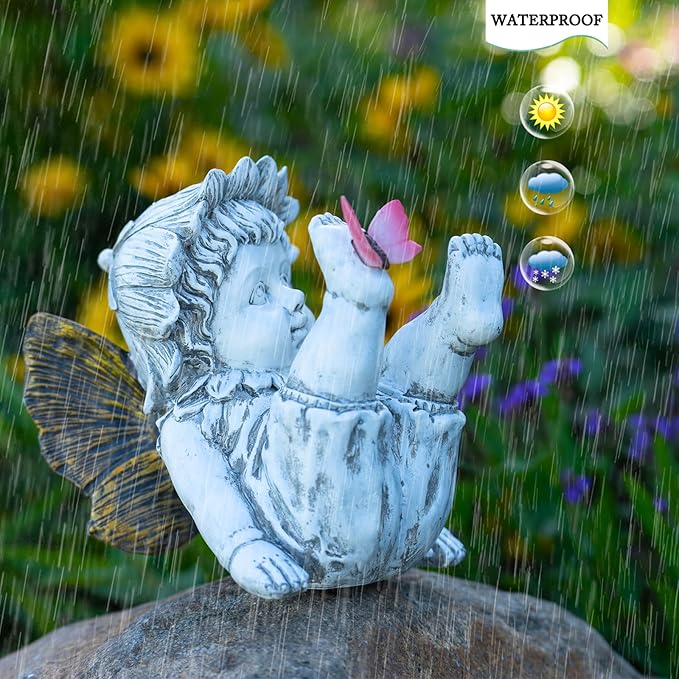 Garden Fairy Outdoor Solar Decor, Resin Ornaments for Patio Lawn Yard Porch, Playful Garden Flower Fairy Statues for Outside Angel Gifts, 7.91 Inches Tall-VerdiqueGarden