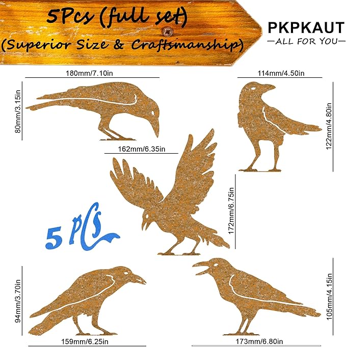 5Pcs Rusty Birds Metal Art Crow for Fence Decorations Outdoor, Metal Birds Craft Statue Ornaments Fence Topper Decor, Metal Bird Silhouette with Rusty Yard Art-VerdiqueGarden