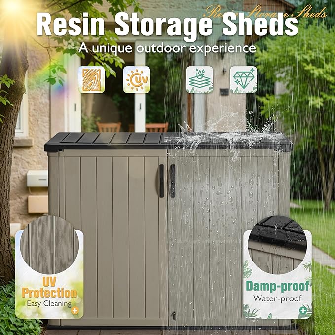 Greesum Outdoor Horizontal Storage Sheds 27 Cu.ft Resin Large Storaged Box Weather Resistance, Without Shelf, Easy to Assemble, Prefect for Garden, Patios, Backyards, Beige-VerdiqueGarden