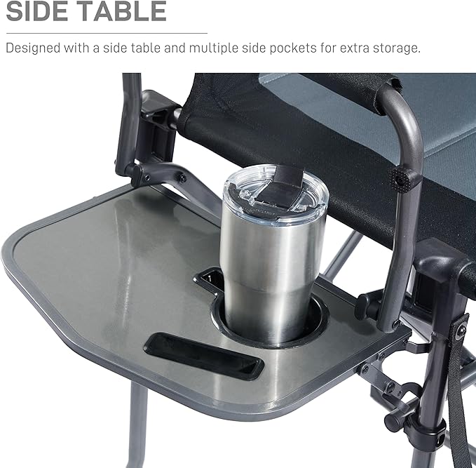 EVER ADVANCED Portable 30.7" Seat Height Tall Folding Camping Chair Directors Chair High Foldable Bar Stool with Side Table for Makeup Artist, Sports Event, Craft Show, Supports 350LBS Black Grey-VerdiqueGarden