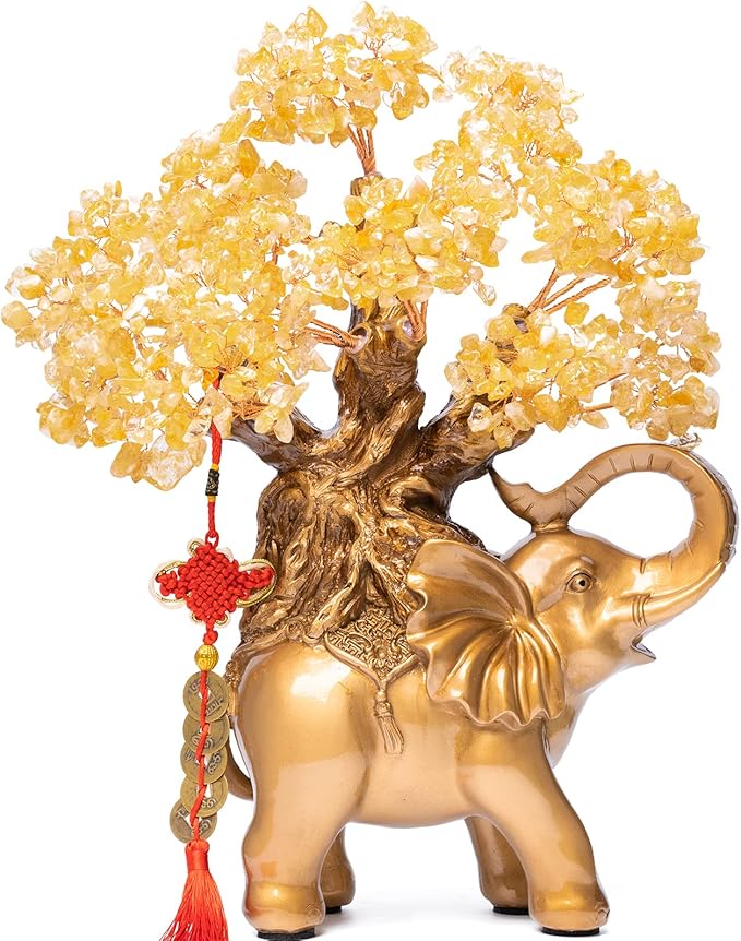 Citrine Crystal Money Tree on Gold Elephant Statue, 17”Large Gemstone Bonsai Tree of Life Home Décor Gifts for Wealth Positive Energy, Feng Shui Décor-VerdiqueGarden