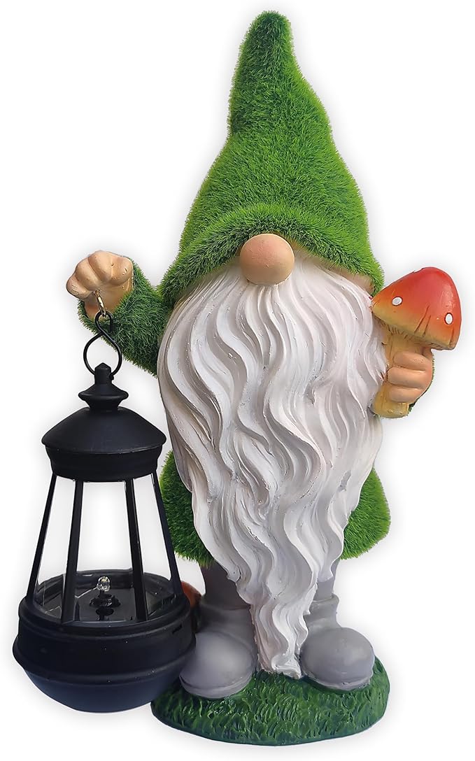 Solar Gnomes Garden Statues,Resin Gnome Figurine Holding Mushroom and Solar Lights Lantern,Outdoor Yard Art Decorations for Garden Patio Lawn-VerdiqueGarden
