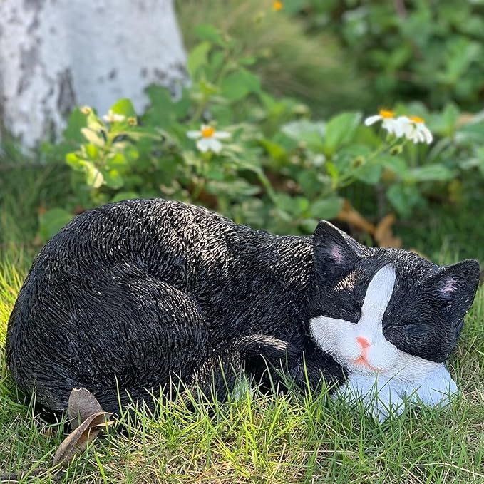 Cat Statue Outdoor Cat Figurines Garden Decor, Black Cat Statue Figurine Decor Sculpture for Patio, Yard, Sleeping Cat Statues for Indoor Table Accessory, Gift for Mom-VerdiqueGarden
