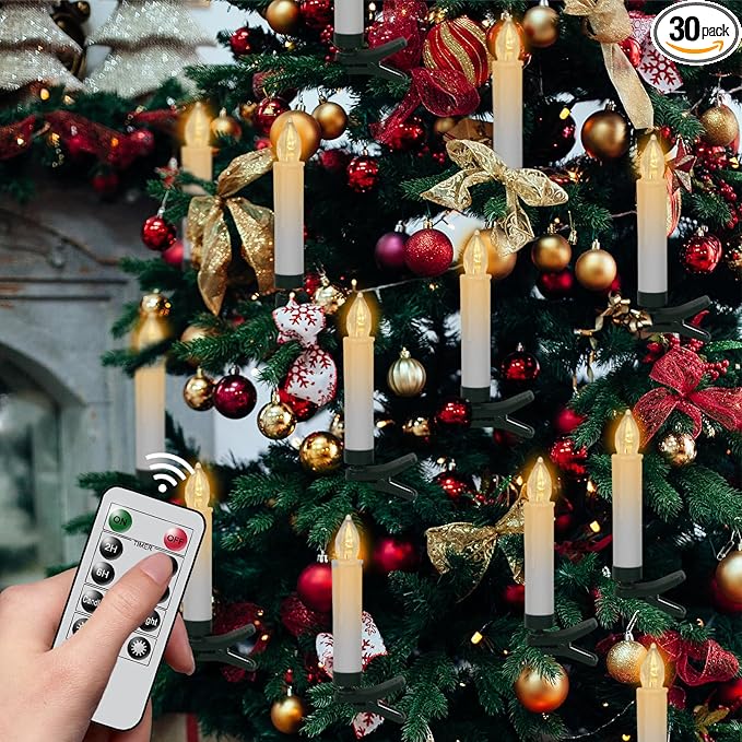 DRomance Christmas Tree Flameless Taper Candle Lights Battery Operated with 10-Key Remote and Timer, 30 Pack Plastic 3D Wick Flickering LED Taper Candles Multi-Using Home Garden Holiday Decor 3.4"-VerdiqueGarden