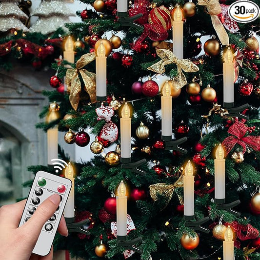 DRomance Christmas Tree Flameless Taper Candle Lights Battery Operated with 10-Key Remote and Timer, 30 Pack Plastic 3D Wick Flickering LED Taper Candles Multi-Using Home Garden Holiday Decor 3.4"-VerdiqueGarden