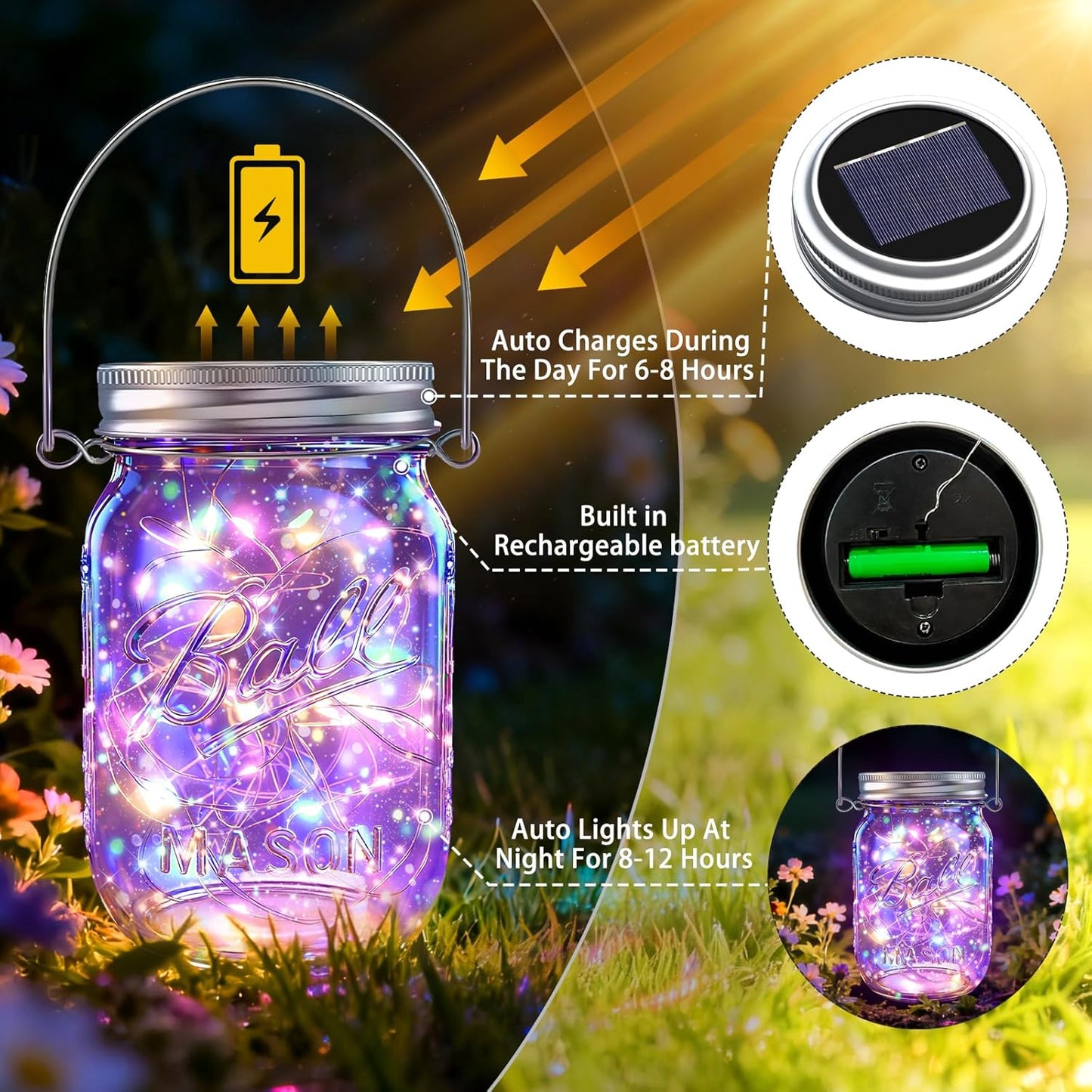 Solar Mason Jar Lights [Upgraded], 12 Pack 30 LED Firefly Fairy String Lights, Waterproof Outdoor Solar Mason Jar Lid Lights with Hangers(NO JARS) for Patio Garden Yard Wedding Decoration - Multicolor-VerdiqueGarden