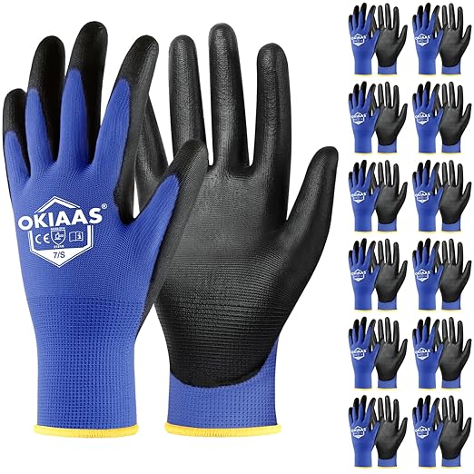 OKIAAS Work Gloves for Men，Ultra Thin and Lightweight Working Gloves with Grip, 12 Pairs Bulk Pack with Polyurethane Coating, for Light Duty Work (Blue, Small)-VerdiqueGarden