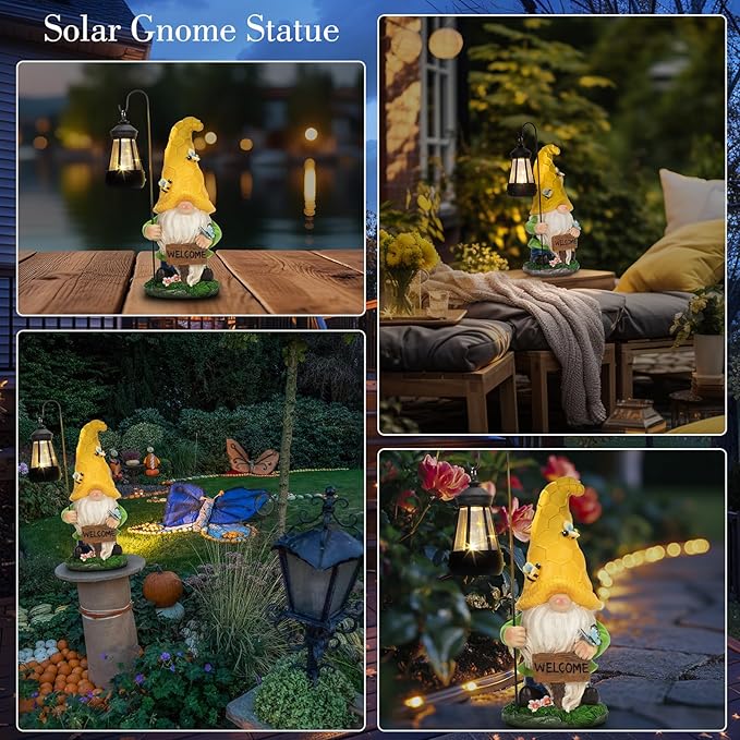12.6'' Solar Large Garden Gnomes Outdoor Statues with Lantern, Welcome Gnome Garden Outdoor Decor Gift Waterproof Decoration for Patio, Balcony, Yard Ornament - Unique Housewarming Gifts-VerdiqueGarden