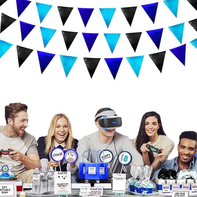 Black Blue Party Decorations Metallic Fabric Triangle Pennant Banner Flag Bunting Garland for Video Game Nautical Birthday Graduations Retirement Wedding Bachelorette Outdoor Holiday Party Supplies-VerdiqueGarden