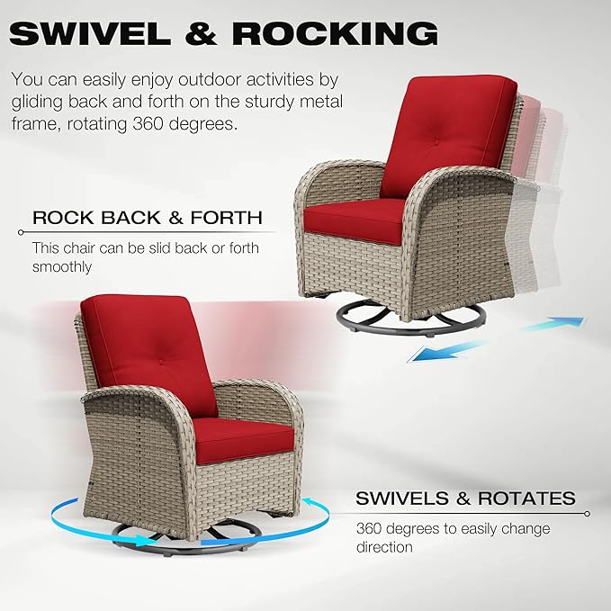 Joyside Outdoor Swivel Rocker Chairs, 3 Piece Wicker Patio Set with Thick Cushion and Side Table, Rattan Patio Swivel Rocking Chairs for Porch, Deck Use (Natural/Red, 3 PCS)-VerdiqueGarden