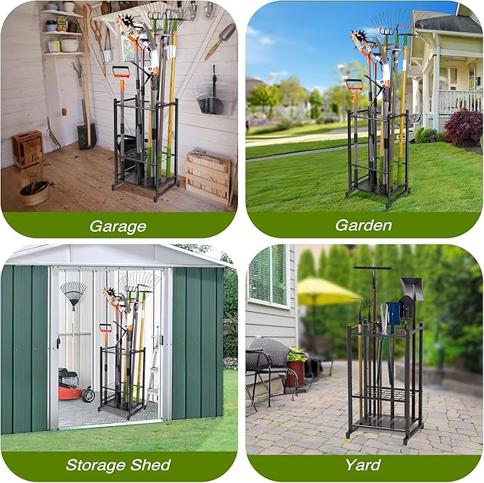 Garden Tool Organizer, Yard Tool Tower Rack for Garage Organization and Storage, Up to 35 Long-Handled Tools/Rakes/Brooms, Heavy Duty Steel Garden Tool Stand for Shed, Outdoor, Black-VerdiqueGarden