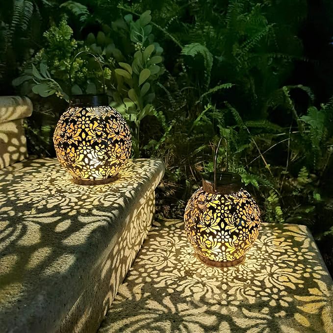 2 Pack Outdoor Solar Hanging Lantern Light LED Decorative Christmas Light for Garden Patio Courtyard Lawn and Tabletop with Hollowed-Out Design. Unique Gardening Gifts for Women.-VerdiqueGarden