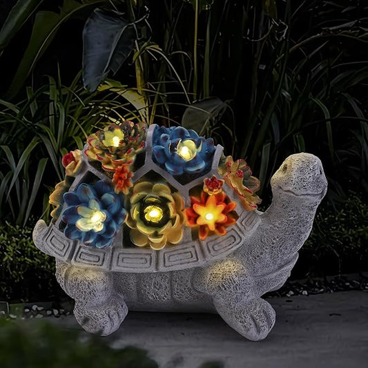 Solar Garden Statues Turtle with Succulent and 6 LED Lights, 9.1" L x 5.7" W x 6.7" H Outdoor Solar Decor, Turtle Garden Figurines for Lawn, Balcony, Yard Decoration, Gifts for Mom Wife-VerdiqueGarden