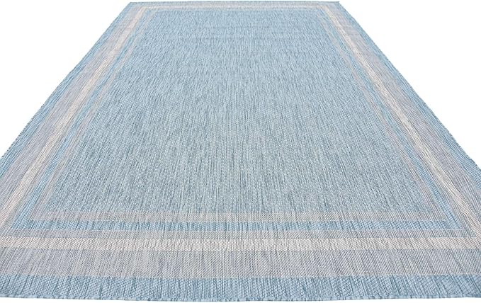 Unique Loom Outdoor Border Collection Area Rug - Soft Border (8' x 11' 4" Rectangle, Aquamarine/ Ivory)-VerdiqueGarden