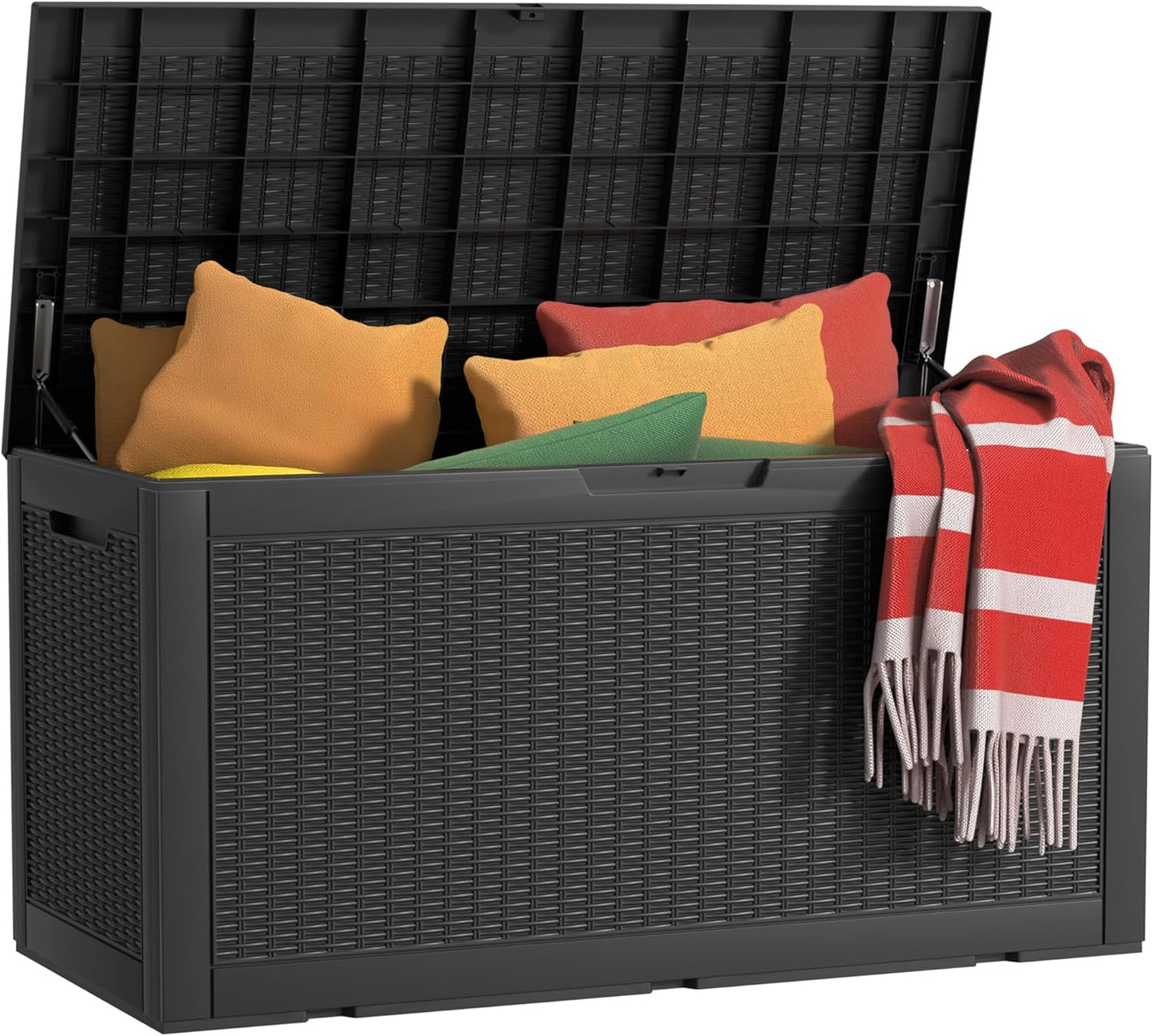 100 Gallon Outdoor Storage Box Waterproof, UV Resistant Resin Deck Box with Hydraulic Rod, Reinforced Stability for Patio, Garden, Quad Leaf Black-VerdiqueGarden