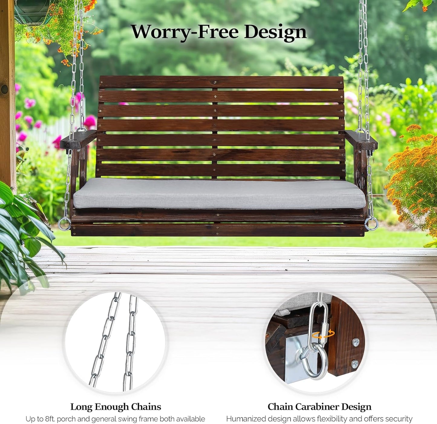 VINGLI Outdoor 4 FT Porch Swing, Heavy Duty 880 LBS Wooden Patio Swings with Cushions, Farmhouse Style Hanging Bench with Adjustable Chains for Yard | Garden | Lawn | Balcony, Rustic-VerdiqueGarden