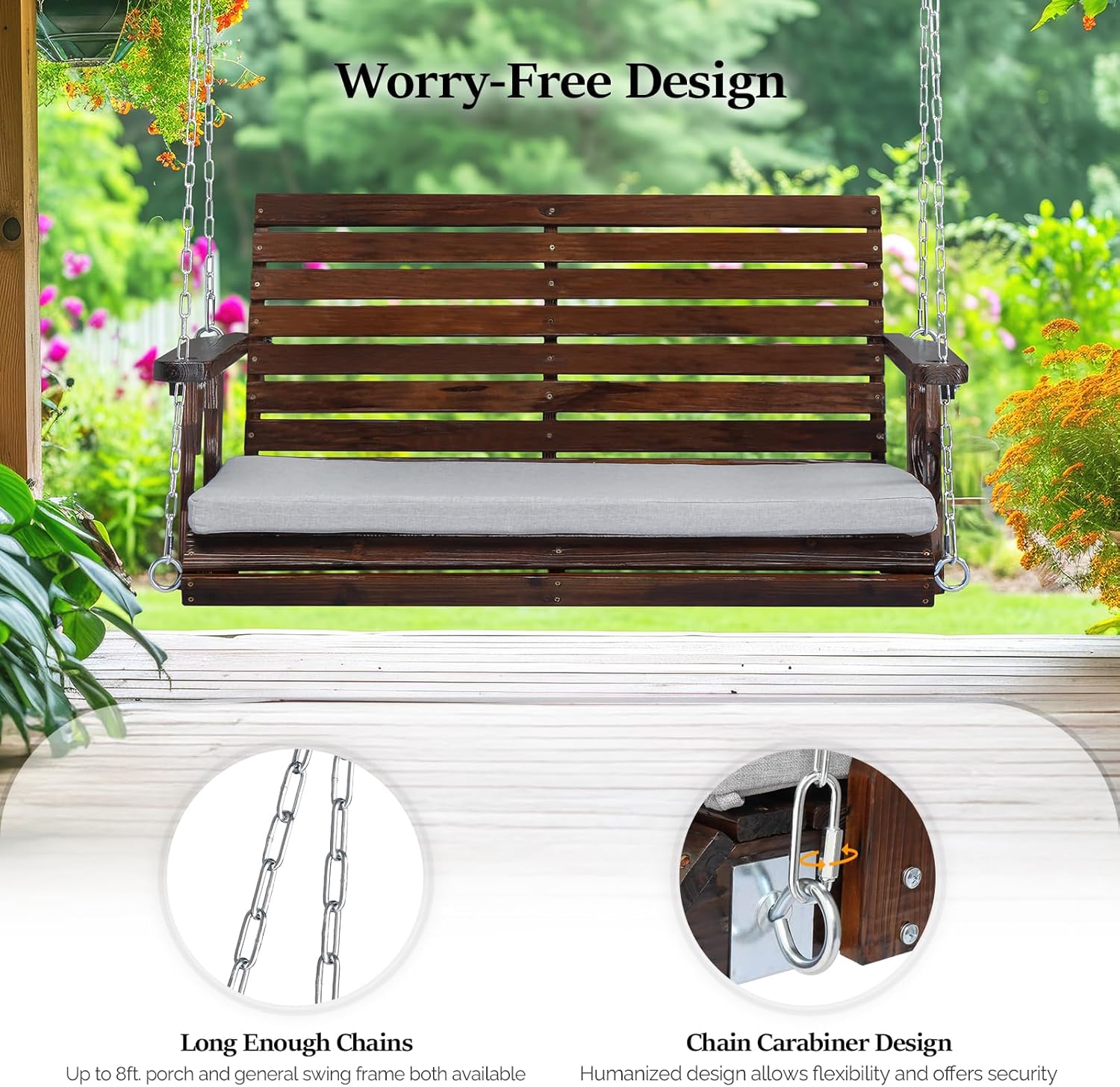 VINGLI Outdoor 4 FT Porch Swing, Heavy Duty 880 LBS Wooden Patio Swings with Cushions, Farmhouse Style Hanging Bench with Adjustable Chains for Yard | Garden | Lawn | Balcony, Rustic-VerdiqueGarden