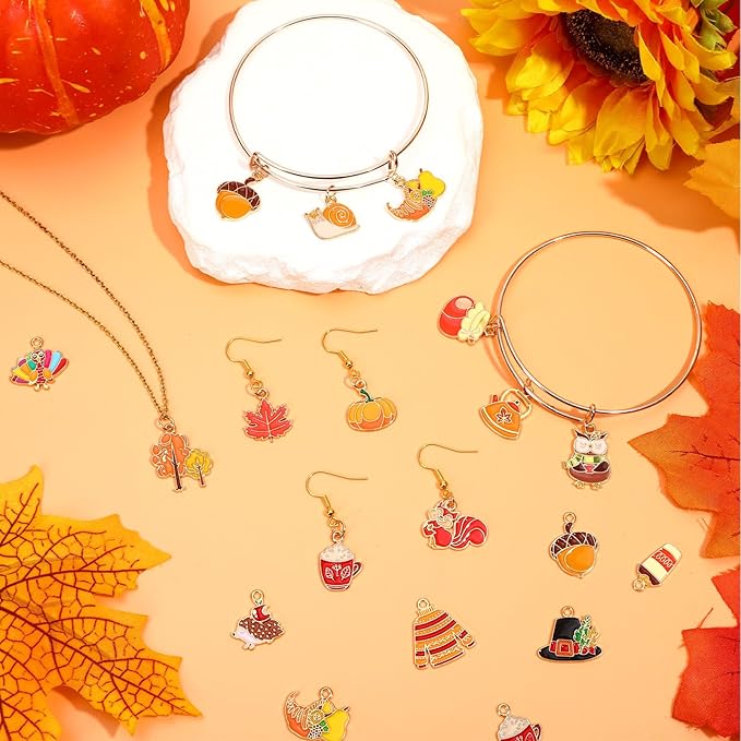 MARFOREVER 40Pcs/20 Pairs Fall Charms, Thanksgiving Charm for Jewelry Making, Autumn Pumpkin Maple Leaf Turkey Enamel Pendants for Bracelet Necklace Earrings Making Accessories