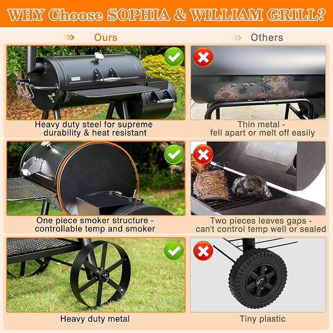 Sophia & William Heavy-Duty Charcoal Outdoor Smoker Grills, Extra Large Offset Smoker (941 SQ.IN. Cooking Area), Charcoal Grill & Smoker Combo for BBQ Patio Cooking-VerdiqueGarden