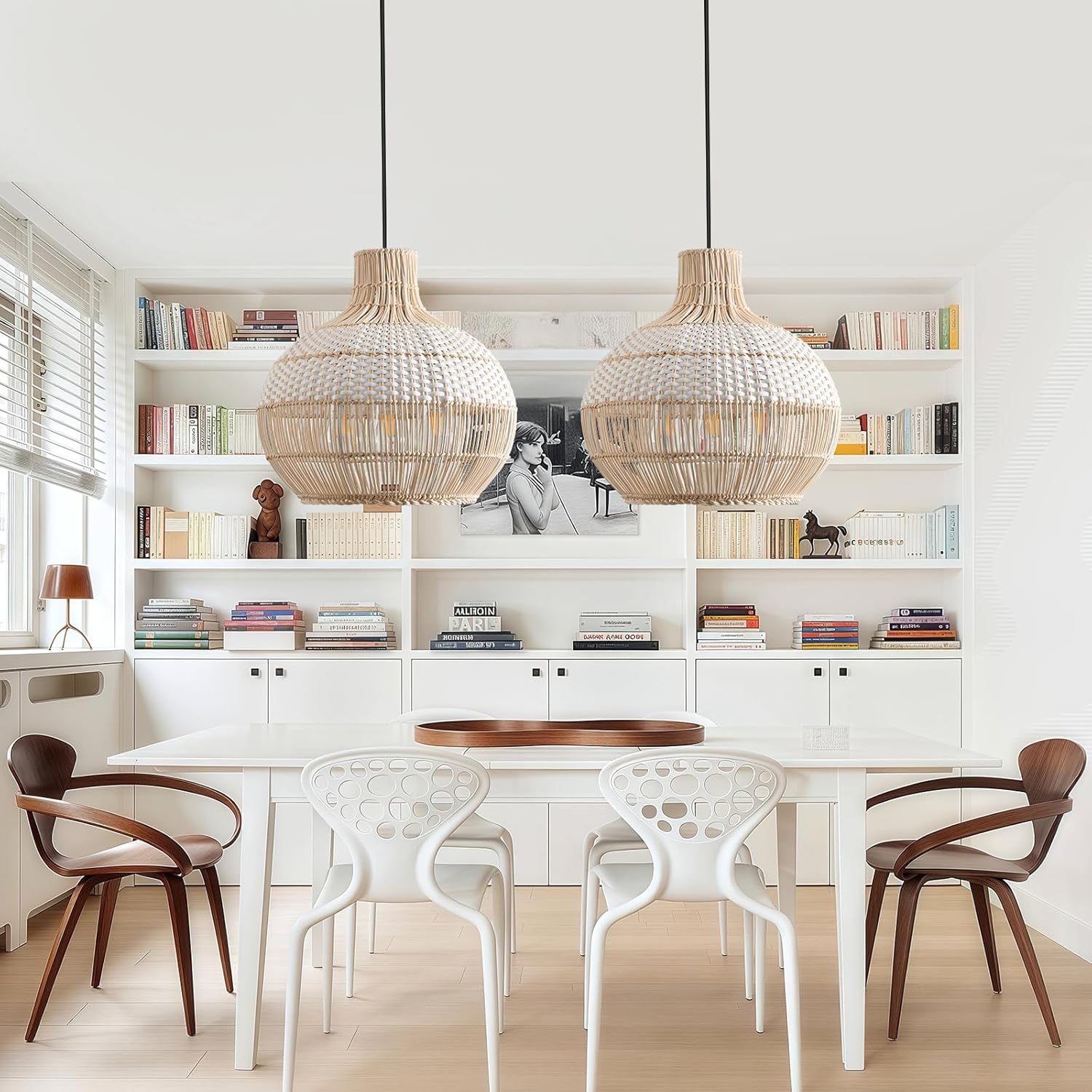 15" Rattan Pendant Light Fixture,3-Light Hand-Woven White Wicker Basket Chandelier Boho Faux Rattan Hanging Lamp,for Dining Living Bedroom Kitchen 1-Pack-VerdiqueGarden