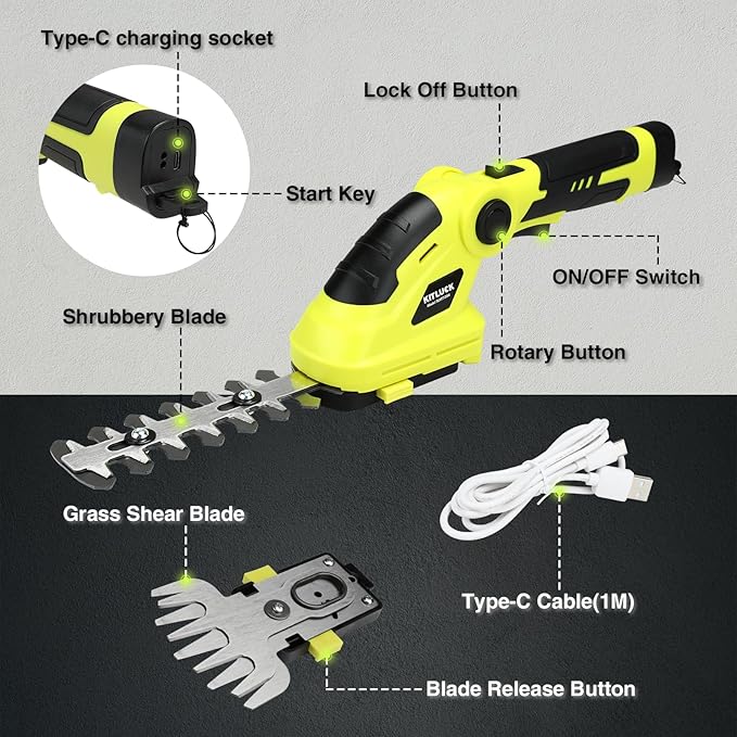 KITLUCK 8V Cordless 2-in-1 Grass Shear & Hedge Trimmer,Handheld Electric Grass Trimmer Hedge Shears/Grass Cutter Rechargeable,2000mAh Battery for Yard, Garden, Lawn Care-VerdiqueGarden