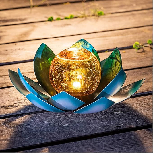 Huaxu Solar Light Outdoor Garden Decor Blue Metal Crackle Globe Glass Waterproof LED Lotus Flower Table Lamp Decorations for Patio Yard Porch Pathway Ground-VerdiqueGarden