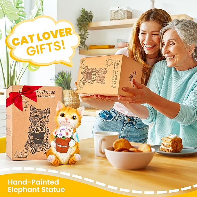 GIGALUMI Solar Garden Decor Flower Pot Cat Statues Outdoor, Birthday Gifts for Women, Gifts for Mom Grandma Senior Elder, Cat Ornament for Balcony, Garden, Patio, Yard, Lawn-VerdiqueGarden