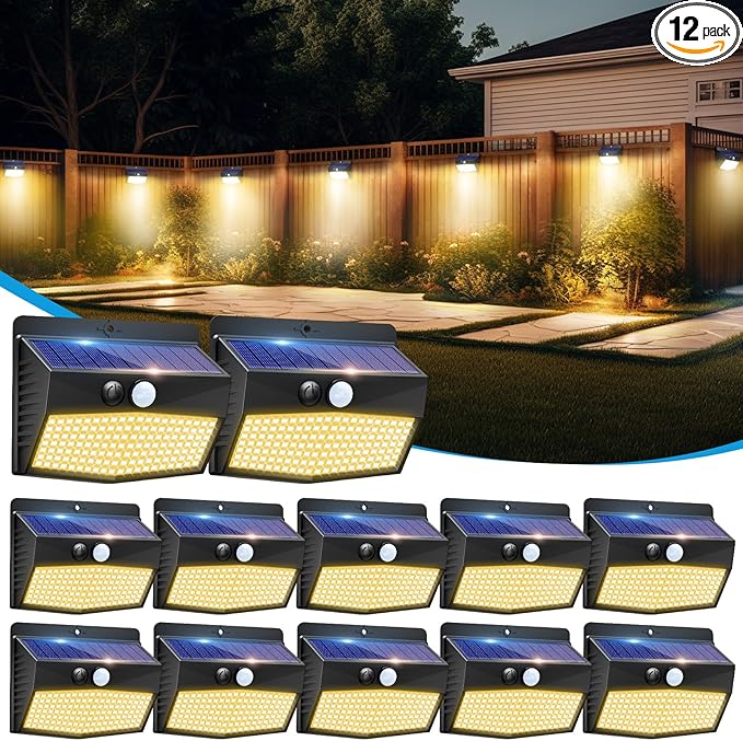 Solar Motion Sensor Lights Outdoor [ 12 Packs/138 LED ] Solar Fence Lights with 3 Lighting Modes, Solar Powered Security Lights Waterproof for Outside Yard Garden Backyard Deck Step Garage,Warm White-VerdiqueGarden