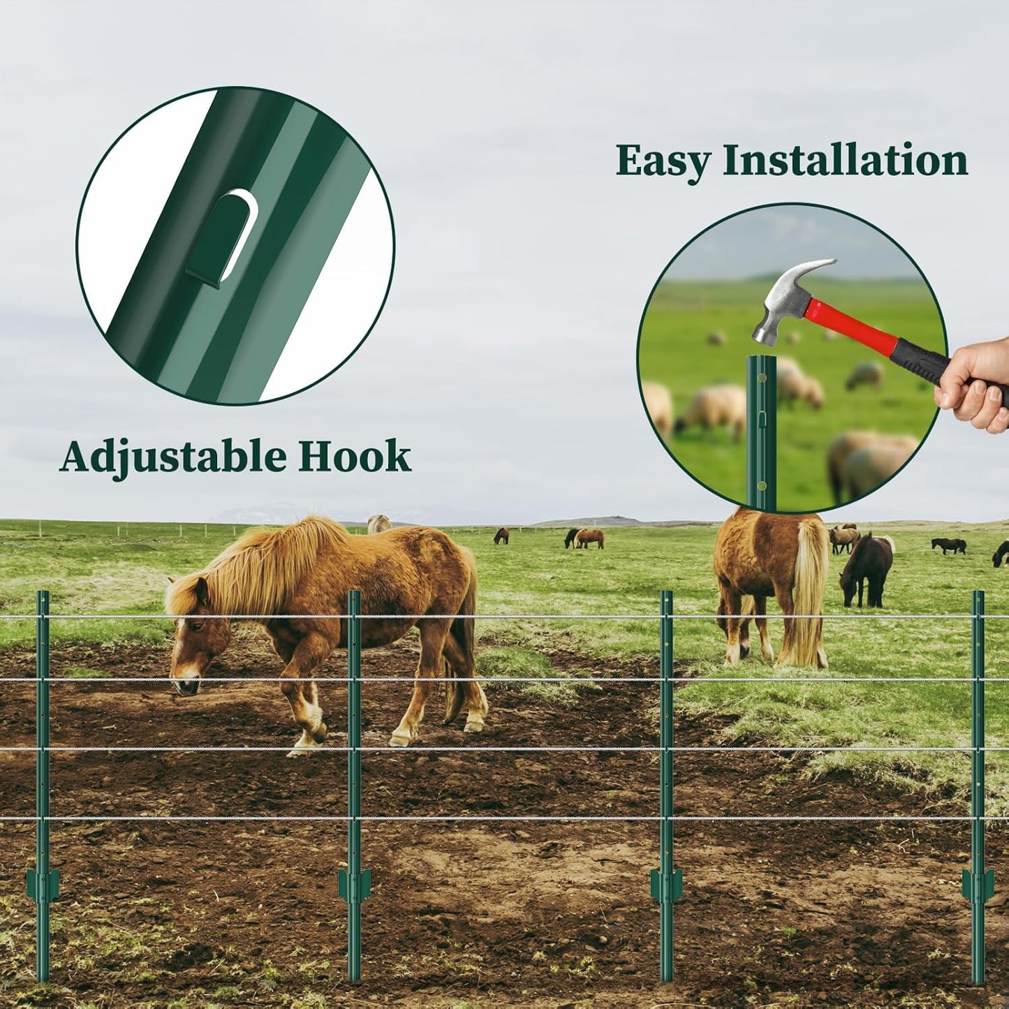 20 Pack Garden Fence Post, 4 Feet Heavy Duty Metal U-Post for Wire Fence, No Dig Garden Fence Stakes for Temporary Fencing, Electric Fence Wire, Corner Anchor, and More-Green-VerdiqueGarden