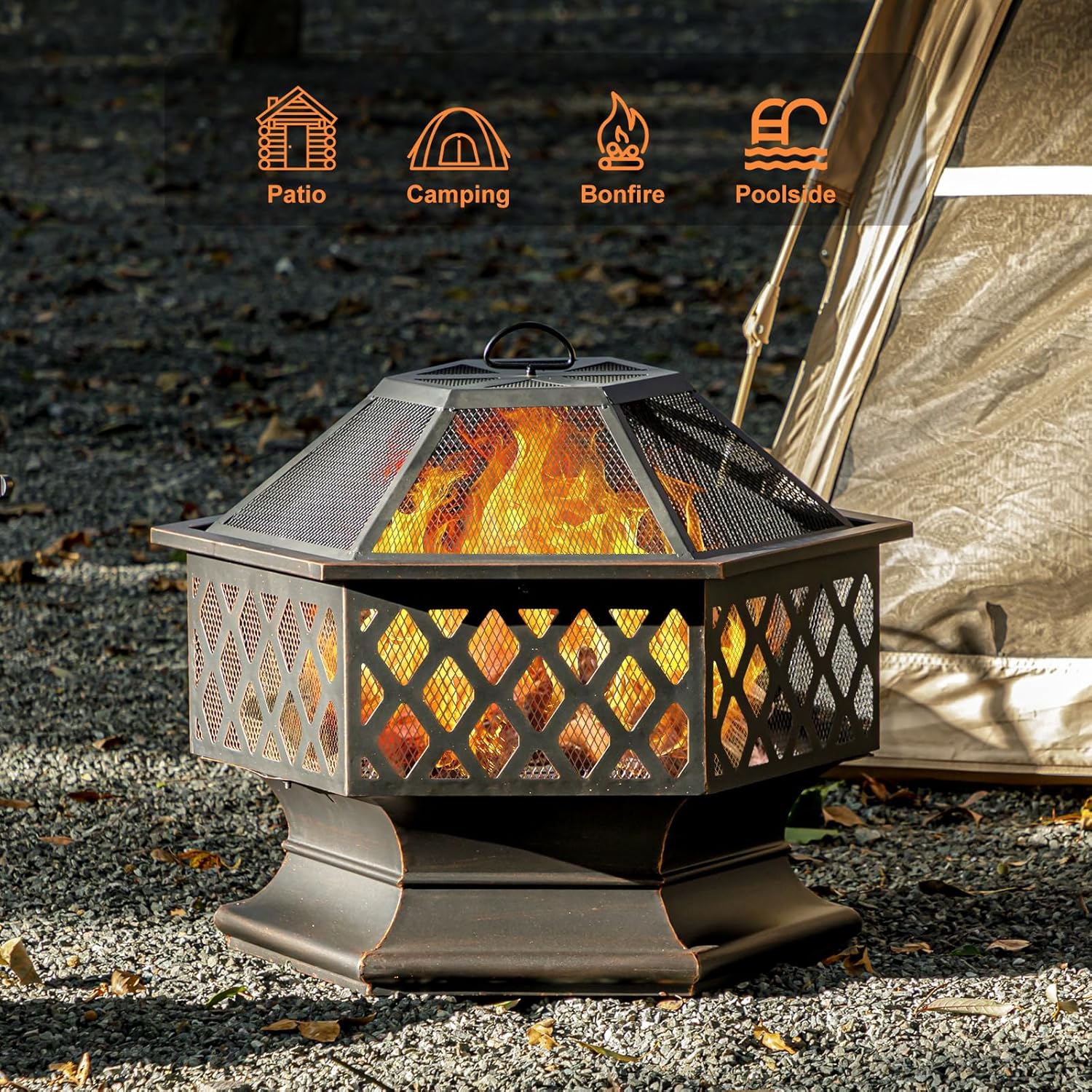 28Inch Outdoor Fire Pit, Hexagon Shaped Wood Burning Firepit for Outside Bonfire, Patio, Backyard and Camping (Antique Bronze)-VerdiqueGarden