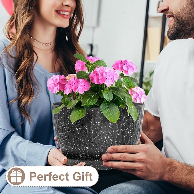 12 Inch Wide Water Ripples Flower Pots for Indoor or Outdoor Plants, Large Plant Pots with Drainage Holes & Saucer, Plastic Planters Set for Garden & Home Decor (Black with White Speckles)-VerdiqueGarden
