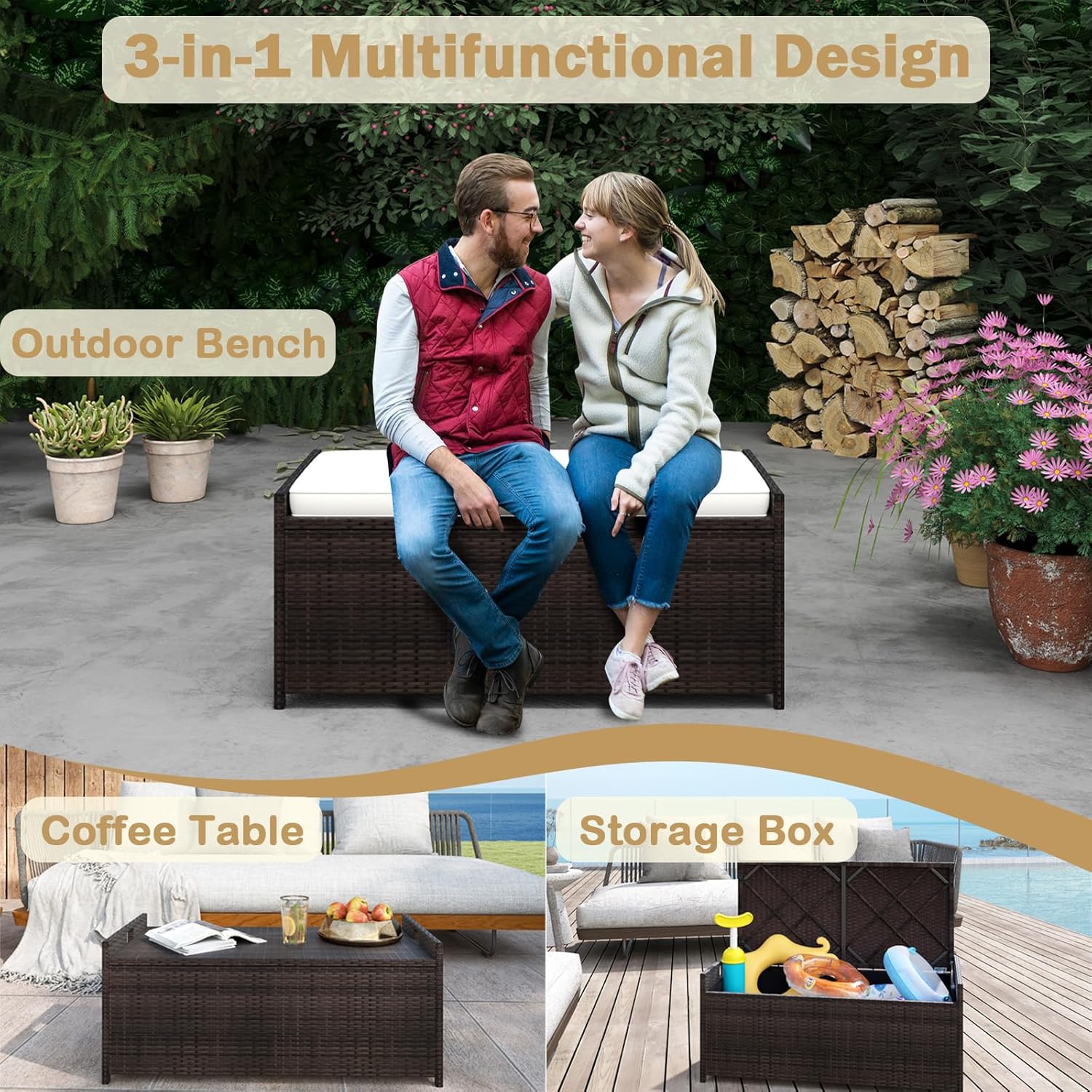 RELAX4LIFE 34-Gallon Outdoor Storage Box - Wicker Rattan Deck Box w/Seat Cushion, Waterproof Liner & Side Handles for Pillows, Patio Cushions, Pool Supplies, Garden Tools, Porch Outdoor Storage Bench-VerdiqueGarden