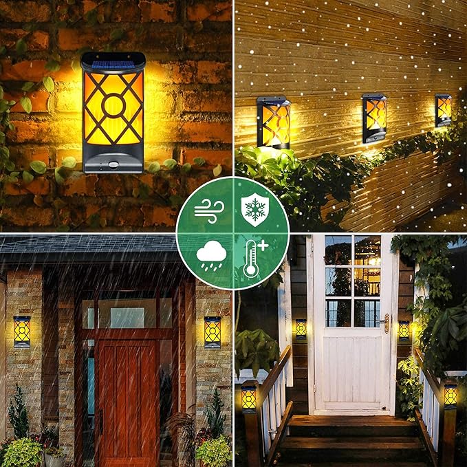 Solar Flame Lights Outdoor, Realistic 3D Flickering Flames with 66 Ultra-Bright LEDs - Waterproof Wall Mount Lanterns for Deck, Fence, Patio, Garden, Auto On/Off (4-Pack Value Set)-VerdiqueGarden