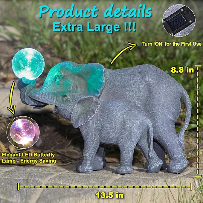 Solar Elephant Statues Lights for Outdoors Garden Decor, Large Outdoor Elephant Statues, Modern Elephant Resin Statue Decorations with Color-Changing Bulb, Unique Housewarming Gifts for Mom, Women-VerdiqueGarden
