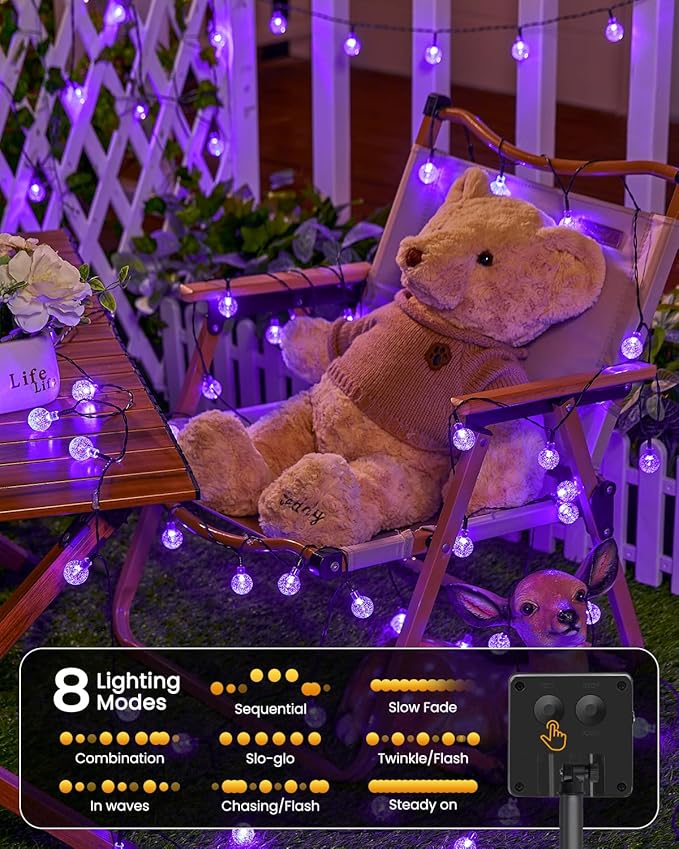 Brightown Purple Solar Halloween Lights Outdoor 60 Led 36 Feet Crystal Globe String Lights with 8 Lighting Modes, Waterproof Solar Powered Patio Lights for Garden Yard Porch Decor (Purple)-VerdiqueGarden