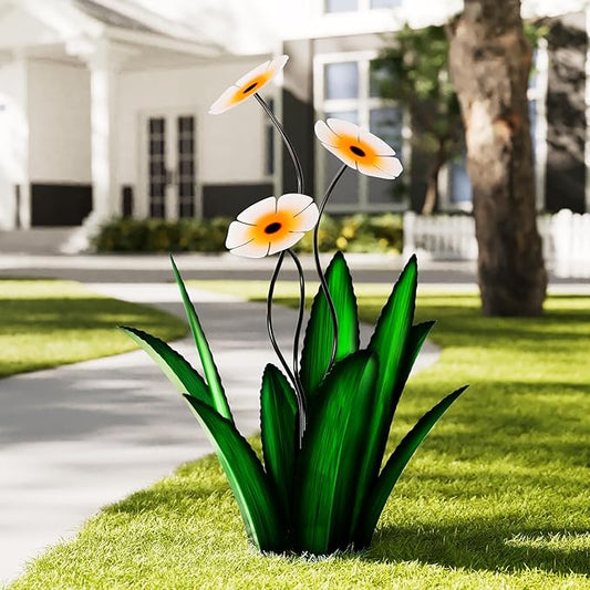 Upgraded Large Metal Yard Art, Metal Agave Plant Yard Decorations Outdoor Sculpture, Metal Flowers for Outside, Waterproof Outdoor Garden Decor (Green + White Flower)-VerdiqueGarden