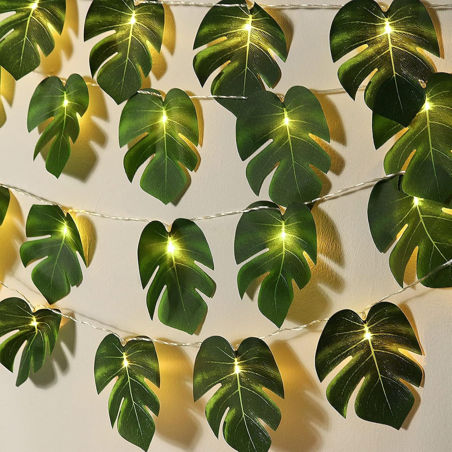 RECUTMS 20LED Monstera Leaf String Lights, Tropical Artificial Rattan Palm Leaves Wall Hanging Vine Greenery,Summer Decorations for Outdoor Indoor Hawaiian Luau Jungle Beach Theme Party Table Home-VerdiqueGarden