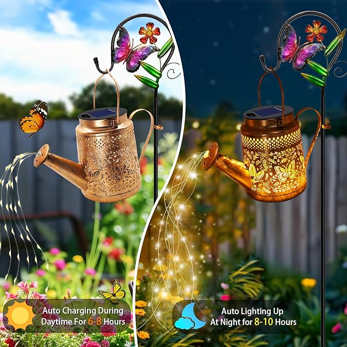 Solar Powered Butterfly Watering Can Lights Waterproof Outdoor Garden Decor with Shepherd Hook Hanging Patio Lights for Yard, Porch, Backyard Perfect Gardening & Birthday Gift for Women, Mom, Grandma-VerdiqueGarden
