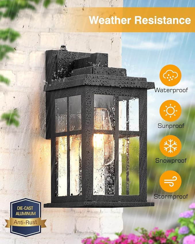 Outdoor Wall Lights Dusk to Dawn, Black Lights for House, Waterproof Exterior Lighting Fixtures, Outdoor Light Fixture with Tempered Glass for House, Porch, Garage, Doorway-VerdiqueGarden