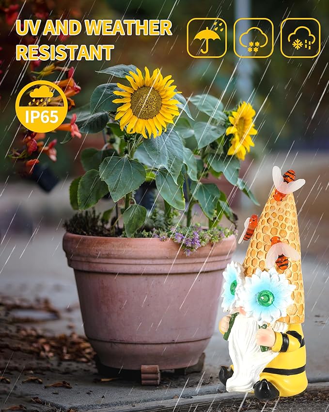 iStatue Garden Gnomes Outdoor Clearance with Solar Bee Lights - 9.5'' Resin Figurine Honeycomb Sunflower Spring Summer Decoration for Home Garden Decor Lawn Ornaments (Mr Bee Gnome)-VerdiqueGarden